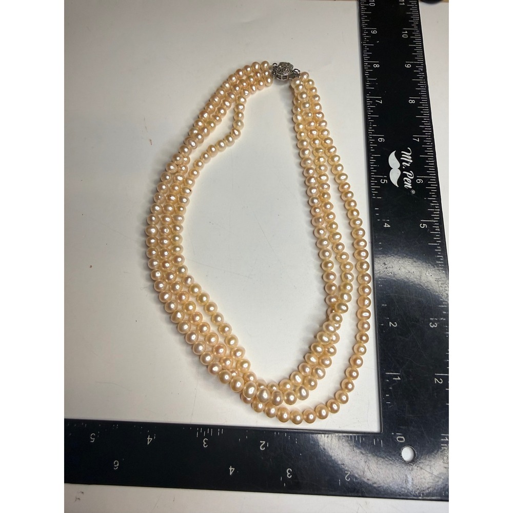 Triple Strand Faux Pearl Necklace Cream Silver Tone Filigree Clasp Layered